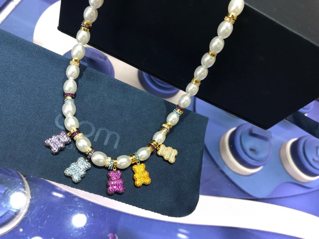 APM Monaco Pearl and Crystal Bear Charm Necklace